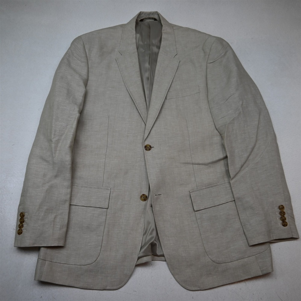 Perry Ellis 44R Beige Khaki Herringbone Linen Mens Blazer Suit Jacket Sport Coat